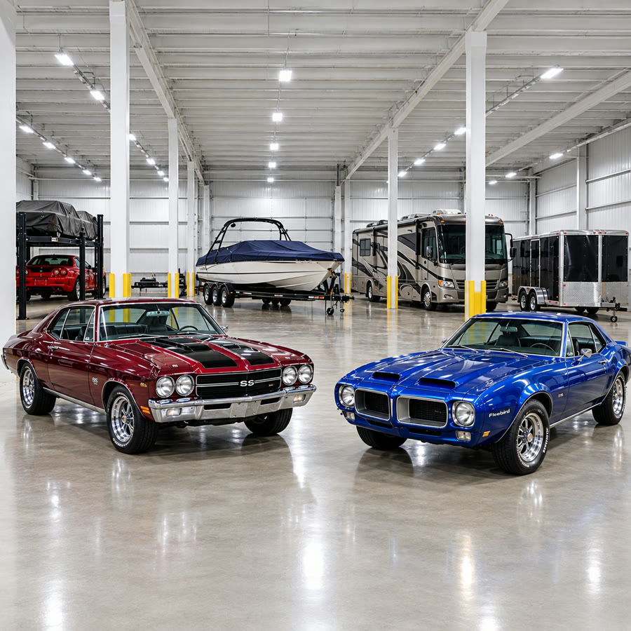 Classic cars, a boat, an RV and a trailer stored in a bright indoor heated facility