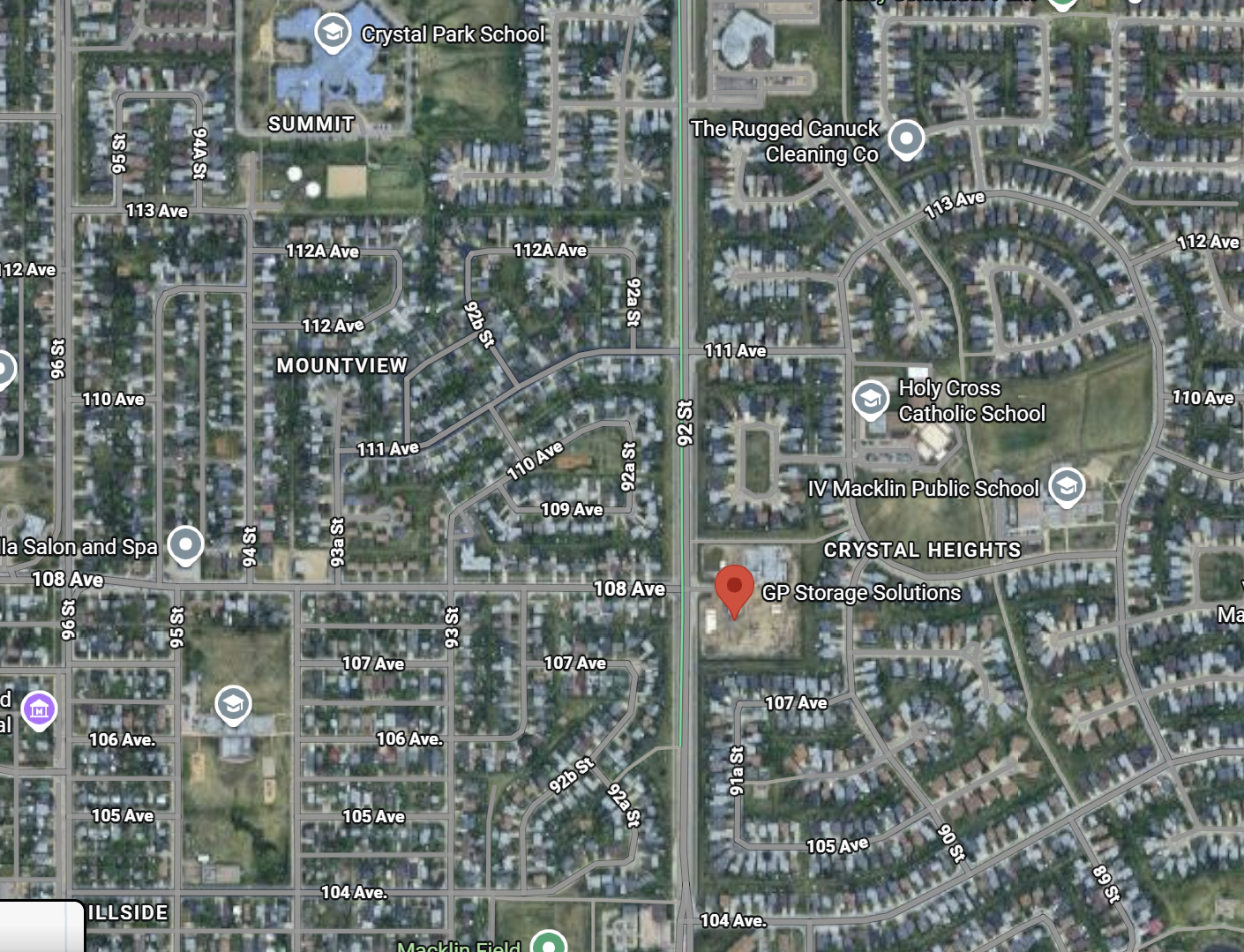 Map showing the GP Storage Solutions storage units at 92 St and 108 Ave in Crystal Heights, Grande Prairie
